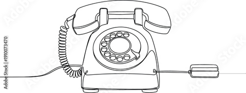 Continuous line drawing of a vintage rotary dial telephone for classic communication and old fashioned customer service