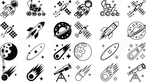 Space exploration featuring astronauts rovers satellites rockets planets and comets