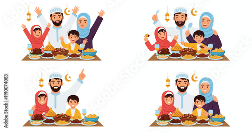 Muslim family celebrating Eid al-Fitr with festive meal