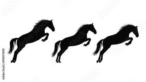Three black silhouettes of horses in mid-gallop against a white background isolated on white background, Vector