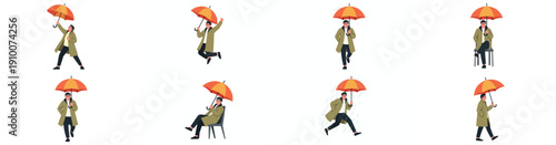 Person with umbrella in various poses, rainy weather