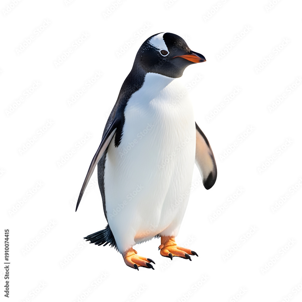 Fototapeta premium Gentoo penguin standing upright, black and white plumage, orange beak and feet, isolated on white