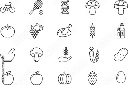 Healthy lifestyle and organic food outline icon set with fruits vegetables sport and nutrition symbols