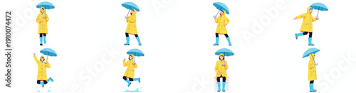 Woman in raincoat with umbrella in various poses
