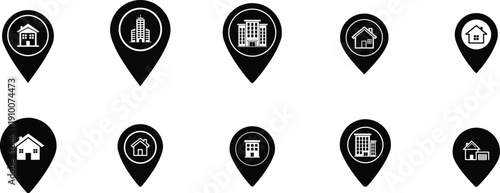 Collection of black and white location pin icons with various house and building symbols