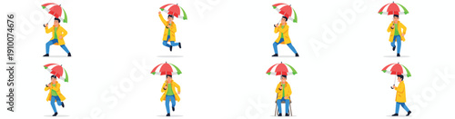 Man with umbrella in rain, various poses