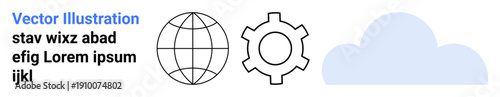 Globe, gear, and cloud icons symbolizing global connectivity, innovation, cloud computing, and collaboration. Ideal for technology, software, development engineering networking education