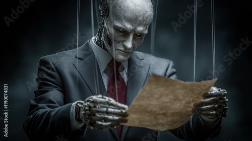 Robot Puppet Master in Business Suit Holding Letter with Strings Attached