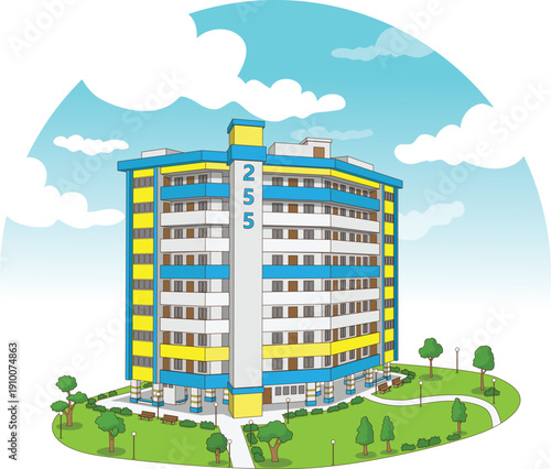 A cheerful Singapore public flat with blue, yellow, and white tones, surrounded by greenery, benches, and paths—radiating a peaceful, well-kept vibe in a vibrant community setting.