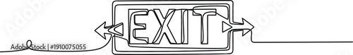 Continuous line drawing of an emergency exit sign with directional arrows for building safety and evacuation planning
