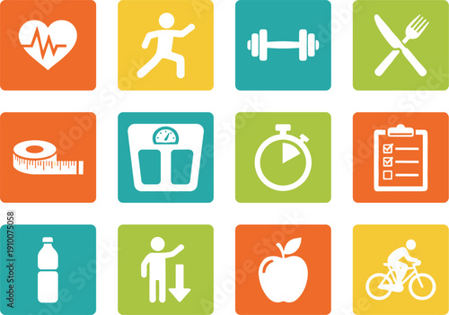 Healthy lifestyle flat icon set with fitness nutrition workout tracking and wellness symbols collection