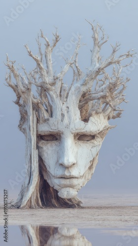 Surreal Tree Sculpture with Face and Twisted Branches in Foggy Landscape