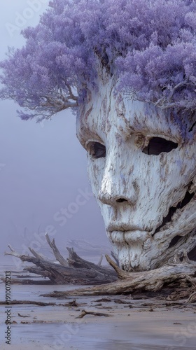 Surreal Tree Face with Purple Flowers in Misty Landscape at Dawn