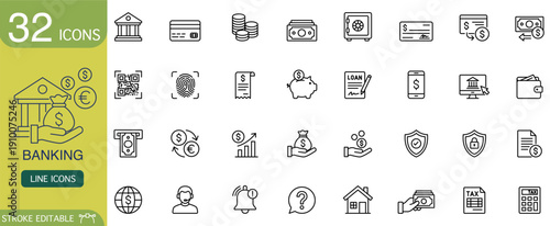 Comprehensive collection banking finance icon set features money business investment payment symbol vector graphic. Clean modern outline style brings professional confident look to financial app