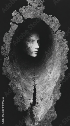 Mysterious Black and White Portrait Within a Hollow Tree Trunk