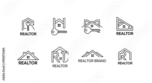 Collection of real estate logos with houses and keys.