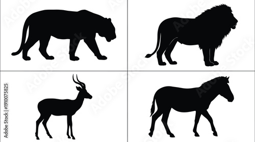 Wild animal silhouettes set, lion tiger antelope and horse isolated on white background vector illustration collection