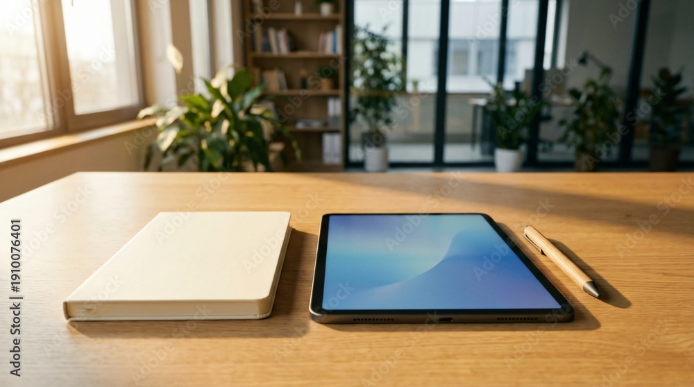 Fototapeta premium A portable tablet computer with a blank digital screen sits on a wooden office desk for business communication and wireless internet technology