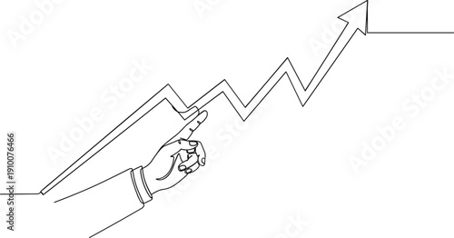 Continuous one line drawing of a businessman hand pointing at a rising arrow for financial success and profit