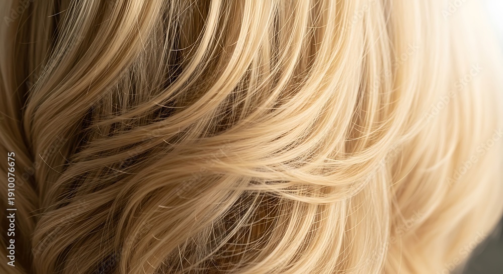 Naklejka premium Close-up of layered, wavy, light-blonde hair with a soft, warm sheen