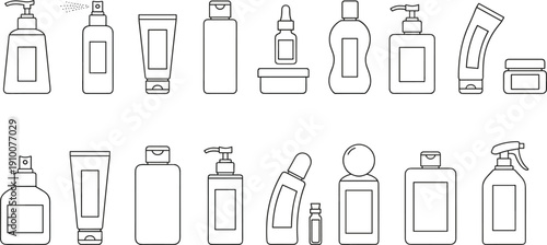Minimalist cosmetic bottle and skincare packaging outline icon set with various dispenser container shapes for beauty product branding