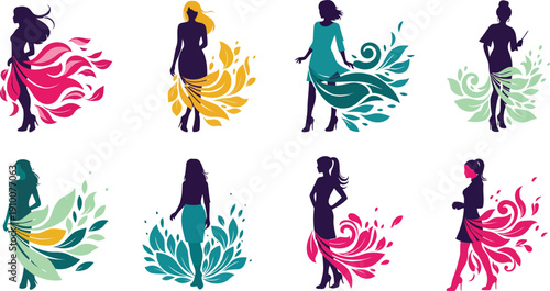 Elegant Women Silhouettes with Flowing Floral Elements Representing Femininity