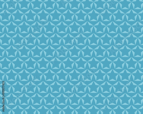 青色の星型が並ぶ幾何学模様の背景素材。モダンでシンプルなスターパターンのシームレスなテクスチャ。テクノロジー関連、子供向けのデザイン、夏向けの販促バナー、壁紙やパッケージのバックグラウンドに最適な高品質ベクター。