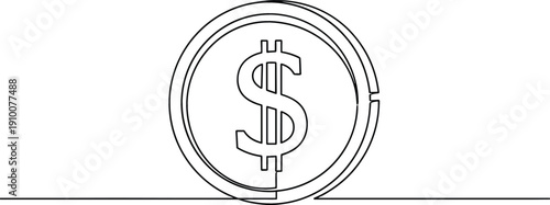 Continuous one line drawing of a dollar coin for money currency and financial investment growth concept.