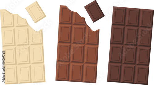 Bitten white milk and dark chocolate bars with pieces isolated sweet flat vector illustration