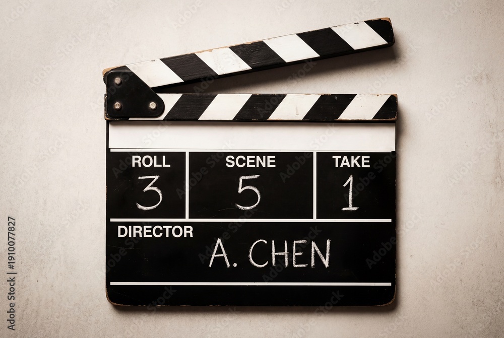 Obraz premium Classic black and white clapperboard for film production on a neutral background