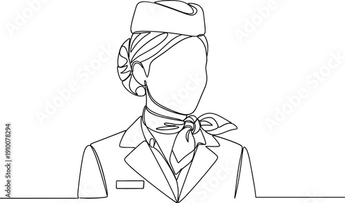 Continuous one line drawing of a professional female flight attendant in uniform with hat and neck scarf