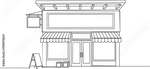 Continuous one line drawing of a small business retail storefront with blank signage and striped awning facade.