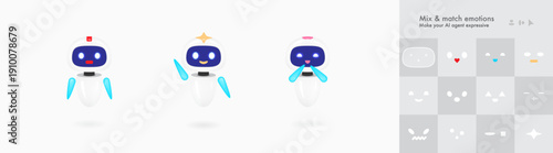 Cute 3d robot mascot vector set for chatbot and artificial intelligence support. Friendly generic brand character waving and smiling isolated. Future technology assistant collection.