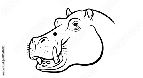 Black and White Hippo Head Illustration.