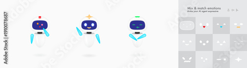 Cute futuristic robot mascot set vector with angry, happy waving and sleeping poses. Glossy white and blue 3d style bot for ai technology, chatbot support and virtual assistant automation design.