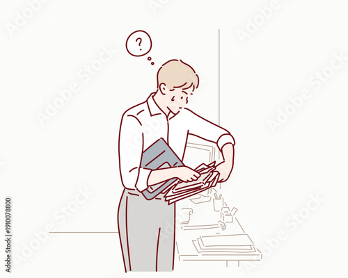 Stressed Businessman Frantically Searching for Documents in Pile of Paper. Original vector illustration drawn by hand.