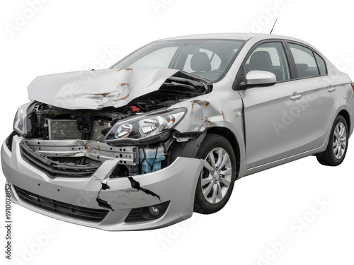 Silver Sedan with Front and Side Collision Damage Isolated on White Background