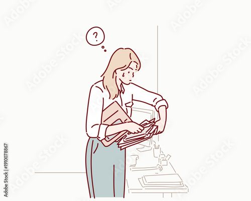 Stressed Businesswoman Frantically Searching for Documents in Pile of Paper. Original vector illustration drawn by hand.