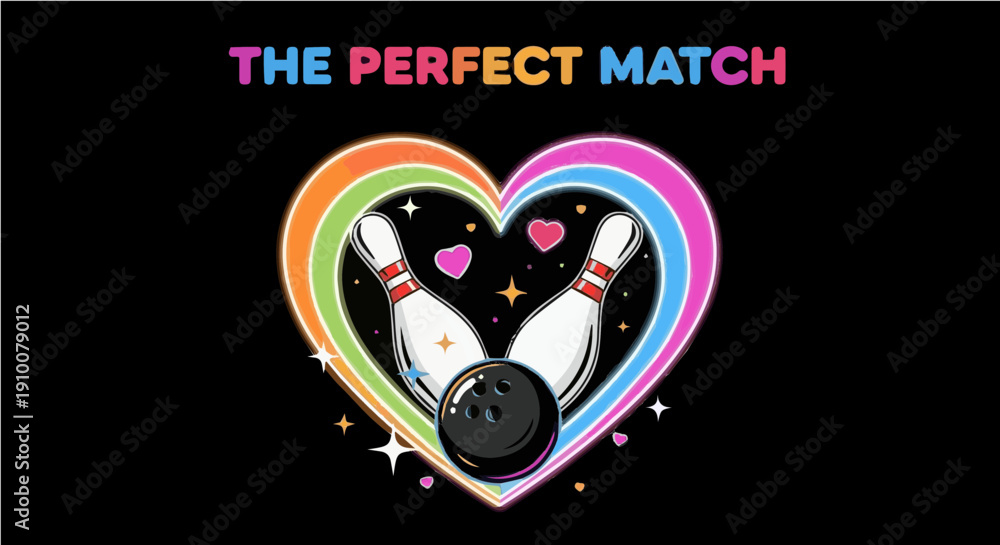 Obraz premium The Perfect Match - Vibrant Rainbow Heart with Bowling Ball and Pins Illustration for Sports Lovers and T-shirt Design