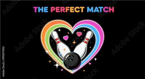 The Perfect Match - Vibrant Rainbow Heart with Bowling Ball and Pins Illustration for Sports Lovers and T-shirt Design