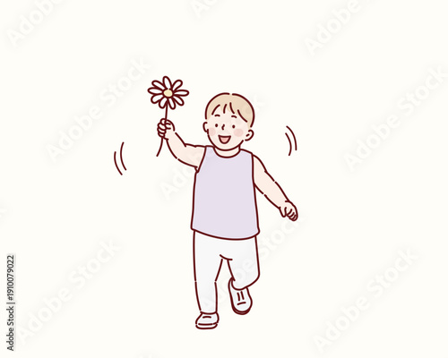 The child is holding daisies and smiling brightly. Original vector illustration drawn by hand.