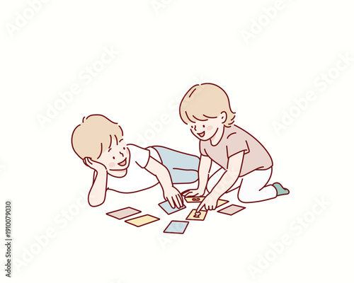 The children are happily playing a card game. Original vector illustration drawn by hand.