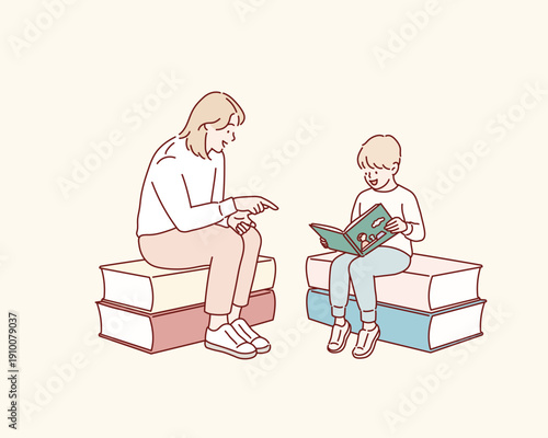Mother teaches his kid reading books. Student studies, learning textbook with teacher. Happy girl and mom discuss novels, communicate together. Original vector illustration drawn by hand.