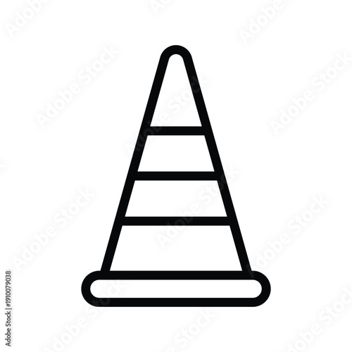 A minimalist black and white line drawing of a traffic cone, a common safety device. Motor and Spare part single line icon UI design.