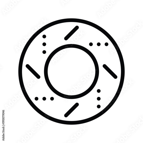 A minimalist black and white line drawing of a donut with simple sprinkles. Motor and Spare part single line icon UI design.
