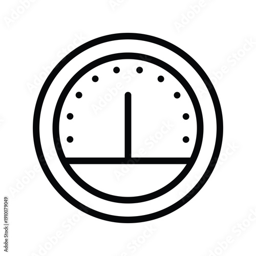A minimalist black and white line drawing of a circular speedometer dial with markings and a needle. Motor and Spare part single line icon UI design.