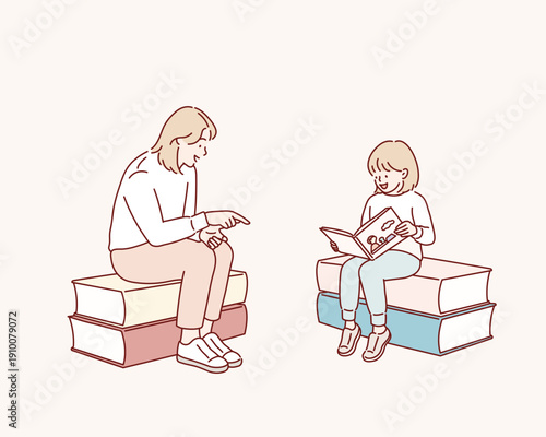 Mother teaches his kid reading books. Student studies, learning textbook with teacher. Happy girl and mom discuss novels, communicate together. Original vector illustration drawn by hand.
