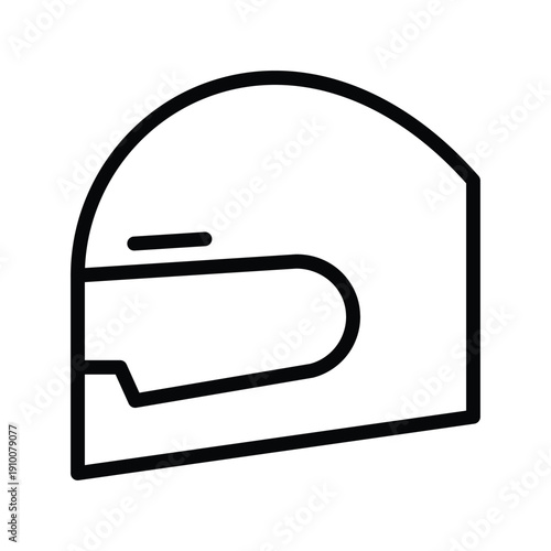 A simple black and white line drawing of a full-face motorcycle helmet, presented in a clean, modern icon style. Motor and Spare part single line icon UI design.