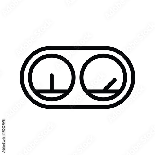 A minimalist line art icon featuring two circular gauges within an oval shape, representing measurement or performance. Motor and Spare part single line icon UI design.