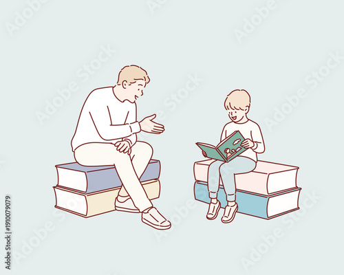 Father teaches his kid reading books. Student studies, learning textbook with teacher. Happy boy and dad discuss novels, communicate together. Original vector illustration drawn by hand.